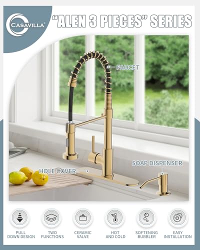 Kitchen Faucet, Brushed Gold Kitchen Faucet with Soap Dispenser and Deck Plate, Faucet for Camper Farmhouse RV Kitchen Sink, Single Handle Stainless Steel Kitchen Sink Faucets with Pull Down Sprayer - color: C-Brushed Gold, style: Contemporary