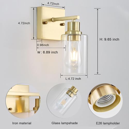 1-Lights Gold Bathroom Light Fixture, Brushed Brass Vanity Light with Clear Glass Shade, Modern Bath Wall Lights for Living Room, Hallway, Bedroom - color: Gold 1-Light
