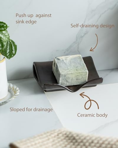 Zoeeker Soap Dish with Drainage, Ceramic Self-Draining Bar Soap Holder | Waterfall Design Soap Drying Tray for Bathroom, Kitchen, Sink, Soap Saver Keep Dry, Extends Soap Life, Black-Brown Glaze - color: Dark Brown
