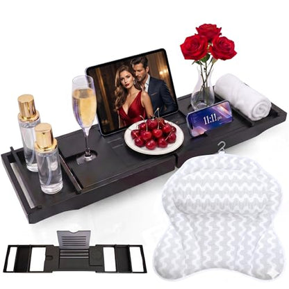 Bath Tray for Tub and Ergonomic Pillow Premium - Caddy Expandable 29 to 42.5 Inch -Foldable Bamboo Wood Tub Organizer - Luxury Bathtub Tray Wood Bamboo - color: Black