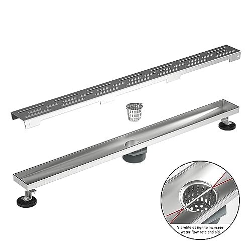 Linear Shower Drain 32" Brushed 304 Stainless Steel | with Drain Grate | Fast Drainage | Stainless Floor Drain Grate | Hair Strainer | Drain Key | The Upgrade for Your Bathroom - size: 32 Inch
