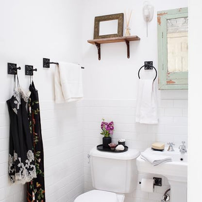 Autumn Alley 5 PC Matte Black Modern Bathroom Accessories Set, Wall Mounted - Towel Rack, Hand Towel Ring, Industrial Toilet Paper Holder, and 2 Towel Robe Hook for Bathroom Hardware Set - color: Black