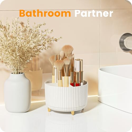 A-LuGei 【Elegant White】 5.9" Makeup Brush Holder Organizer, 【360° Rotating】 6 Slot Makeup Organizer Countertop, 【Minimalist Chic】 Vanity Organzier, Pen Holder for Desk Office Bathroom Desktop