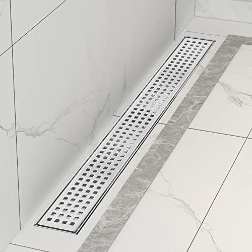 48 inch Linear Shower Drain Brushed Silver with Grate Removable | Square Hole Panel,AISI 304 Stainless Steel Fast Drainage Rectangle Hidden Shower Trench,Detachable Hair Catcher,Leveling Feet - color: Stainless Steel, size: 48 inch+No Base