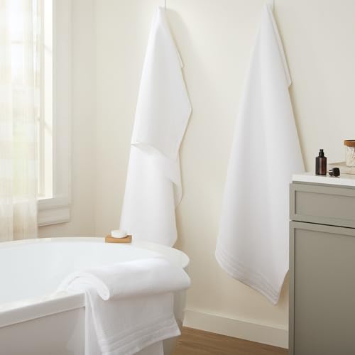 Town & Country Basics 4-Piece Waffle Woven Terry Stripe Bath Towel Set, 30x56-Inch, 100% Cotton, Quick Dry, White - color: White