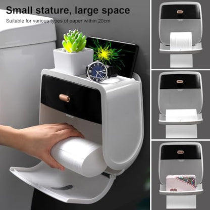 Toilet Paper Holder Wall Mount, Self Adhesive Paper Towels Holder with Drawer and Shelf Watertight Tissue Dispenser Semi-Auto Switch Toilet Tissue Roll Holders for Bathroom(Black)