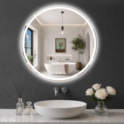 Round LED Bathroom Mirror, 32 Inch, HD Shatterproof Tempered Glass | Lighted Bathroom Mirror with Dimmable Lights Bathroom Mirror with Lights for Wall, 3 Color Temperatures - size: 32"L x 32"W