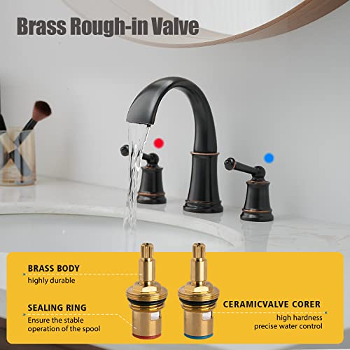 Widespread 8 inch Oil Rubbed Bronze Bathroom Faucet, Two Handles 3 Holes Sink Faucet Waterfall Spout Lavatory Basin Faucets, Vanity Bathroom Sink Faucet with Supply cUPC Lines