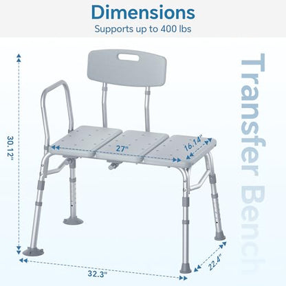 HOMLAND Tub Transfer Bench with Backrest for Bathtub, Height Adjustable | 400 lbs, Slip-Resistant Feet, Sturdy Aluminum Heavy Duty Shower Chair, Safer Bathing Aid Bench for Elderly and Disabled