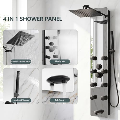 Shower Panel - Adjustable Rainfall Head, Black | Stainless Steel and Glass, Multifunction Shower Panels Tower System, Handheld Shower 2-Setting Body Jets, Tub Spout - color: Black, style: 4 IN 1 Shower Panel