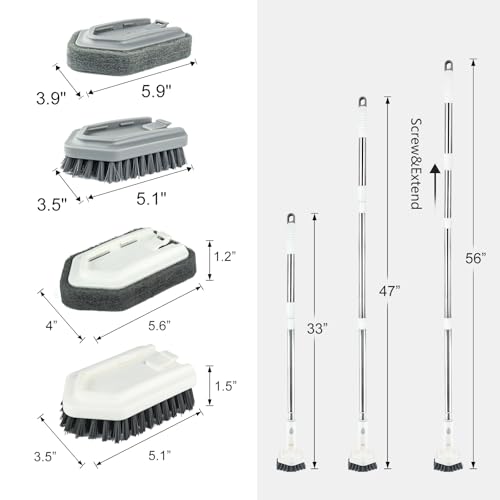 Shower Tile Tub Scrubber Brush with 4 Cleaning Heads,Floor Scrub Brush with 56''Long Handle, Shower Cleaner Brush & Grout Cleaner Brush Set for Shower,Tile, Tub, Bathroom,Kitchen,Walls,Sink