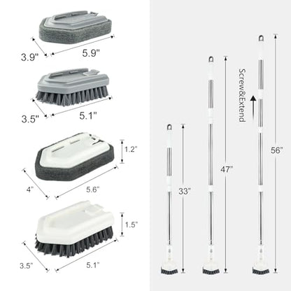 Shower Tile Tub Scrubber Brush with 4 Cleaning Heads,Floor Scrub Brush with 56''Long Handle, Shower Cleaner Brush & Grout Cleaner Brush Set for Shower,Tile, Tub, Bathroom,Kitchen,Walls,Sink