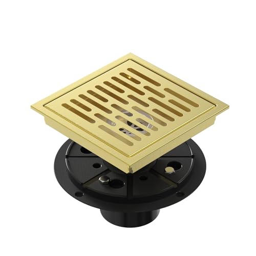 EXF Square Shower Floor Drain 6 Inch Brushed Gold | 304 Stainless Steel, ABS Flange, Anti-Clog, Removable Brick Pattern Drain Cover, with Hair Catcher