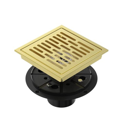 EXF Square Shower Floor Drain 6 Inch Brushed Gold | 304 Stainless Steel, ABS Flange, Anti-Clog, Removable Brick Pattern Drain Cover, with Hair Catcher