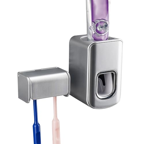 Toothbrush Holder Wall Mounted with Cover for Bathroom, 2 Slots Toothbrush Storage Organizer for Shower, Self Adhesive Toothbrush Hanger with Automatic Toothpaste Squeezer Dispenser - color: Silver, size: Combination A: 1PACK
