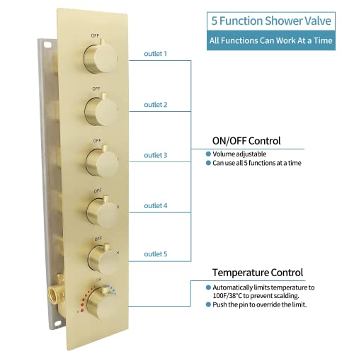 Brushed Gold Shower System with 16 X 24inch Large Triple Function Rain Waterfall Mist Shower Head, Ceiling Shower Faucet Fixtures Set with Thermostatic Shower Valve and 6PCS Shower Body Jets - color: Brushed Gold
