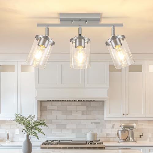 FadimiKoo 3-Lights Kitchen Light Fixtures Ceiling Mount, Brushed Nickel Adjustable Semi Flush Mount Ceiling Light with Clear Glass, Multi-Directional Track Spotlights for Kitchen Hallway Bathroom - color: Brushed Nickel, size: 3-Lights