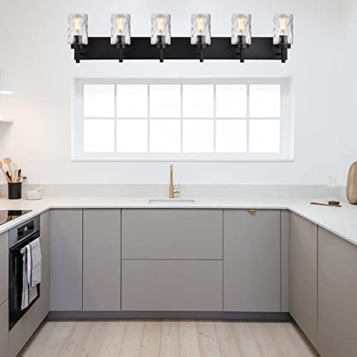 BONLICHT Transitional Bath Vanity Light Fixture 6 Light Black Wall Sconce Bathroom Lighting with Clear Hammered Glass, Industrial Farmhouse Metal Wall Mount Light for Kitchen Living Room Dining Room - color: Black, size: 6 Lights