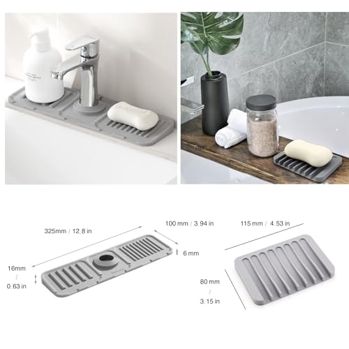 Faucet Mat for Kitchen Sink,Bathroom Kitchen Sink Splash Guard Silicone,5° Slope Type Design Sink Mat,Sponge Holder and Bathroom Countertop Protect(Include 1pcs Extra Storage mat)