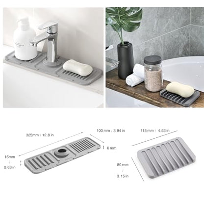 Faucet Mat for Kitchen Sink,Bathroom Kitchen Sink Splash Guard Silicone,5° Slope Type Design Sink Mat,Sponge Holder and Bathroom Countertop Protect(Include 1pcs Extra Storage mat)