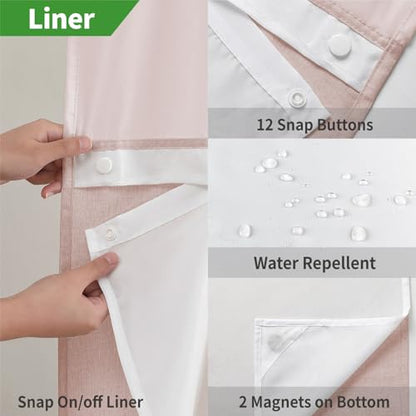 eachope No Hooks Needed Linen Textured Shower Curtain with Snap-in Fabric Liner Set,Blush Hotel Luxury Decor Shower Curtains for Bathroom with Mesh Top Window,Waterproof & Washable,71Wx74H | 230GSM Thick Fabric,Hotel Luxury Decor,Mesh Top Window,Magnetic