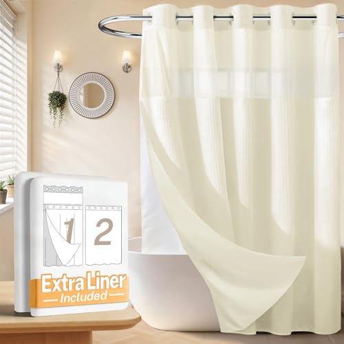 River Dream No Hooks Shower Curtain with 2 Snap in Liner, Cream, 71Wx74H | Waffle Weave, 1 Attached Snap in Liner and 1 Extra Replacement Liner, Bathroom Curtains Shower Set, Hotel Grade, Spa Like - color: Cream
