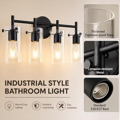 Matte Black 4 Light Bathroom Vanity Light Fixtures, Industrial Rust-Proof Bathroom Lights Over Mirror with Clear Glass Shade, Modern Wall Sconce Wall Mounted Damp Rated E26 Base