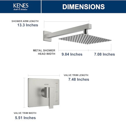 KENES Brushed Nickel 10-Inch Shower Head and Handle Set, Square Shower Faucet Set Bathroom Rainfall Shower System Wall Mount, KE-6024B (Shower Valve Included) - color: Brushed Nickel, style: Shower Faucet Set