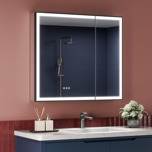 36x32 Premium Black Framed Medicine Cabinet Mirror with Lights, Anti-Fog/3-Color/Dimmable, Aluminum, Plug-in & Hardwired, Surface Mount & Recessed, Centered Outlets & USBs, Magnetic Area - color: Black, size: 36x32(R)