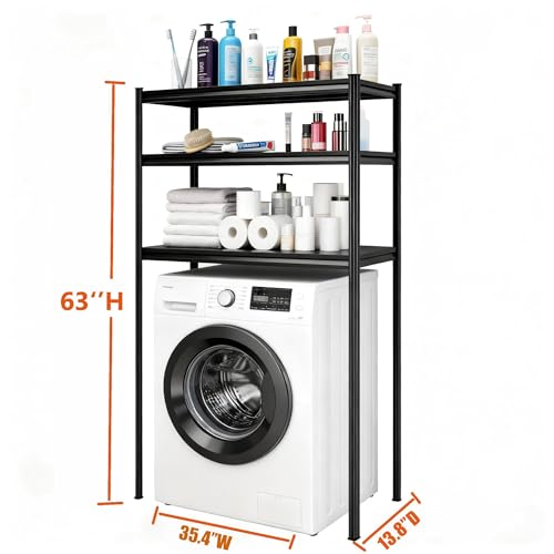 Height-Adjustable Bathroom & Laundry Storage Shelf, 3-Tier Metal Organizer Rack for Washer Dryer, Sturdy Shelving Unit for Bathroom Essentials, 63" H x 35.4" W x 13" D Inches - size: 63"Hx 35.4"W x13.8"D