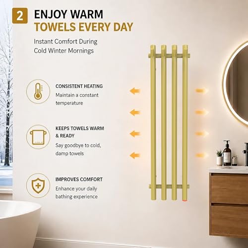 Heated Towel Rack, Towel Warmer with Timer, Wall Mounted hot Towel Warmer Rack for Bathroom, Hardwired or Plug-in Models Vertical Towel Heater Golden - color: Golden