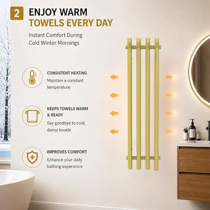 Heated Towel Rack, Towel Warmer with Timer, Wall Mounted hot Towel Warmer Rack for Bathroom, Hardwired or Plug-in Models Vertical Towel Heater Golden - color: Golden