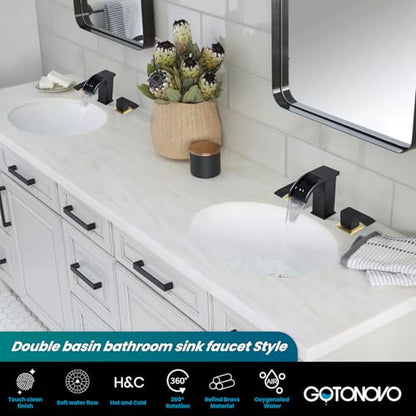 gotonovo Waterfall Bathroom Faucet 3 Hole Square Body,Black&Brushed Gold | SUS304 8’’ Widespread Bathroom Sink Faucet,2.17’’ Wide Spout,24’’ cUPC Hose,Pop Up Drain,2 Handle,Vanity,Lavatory,Basin,RV - color: Black&Gold