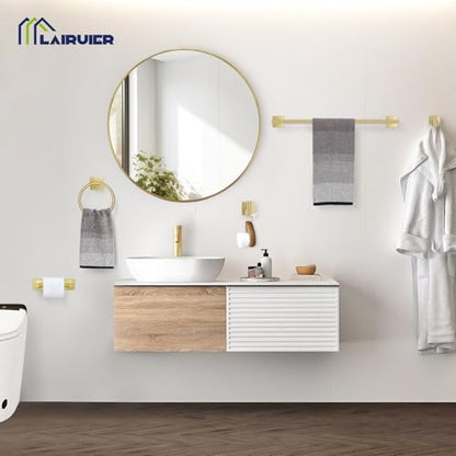 Lairuier Brushed Gold Bathroom Accessories, Towel Bar Set Wall Mounted | 5 Pieces Bathroom Hardware Set, SUS304 Stainless Steel Double Base 23.6" Towel Bar, Towel Ring, Toilet Paper Holder & Hooks - color: Brushed Gold, size: 5 Pieces - Double Base