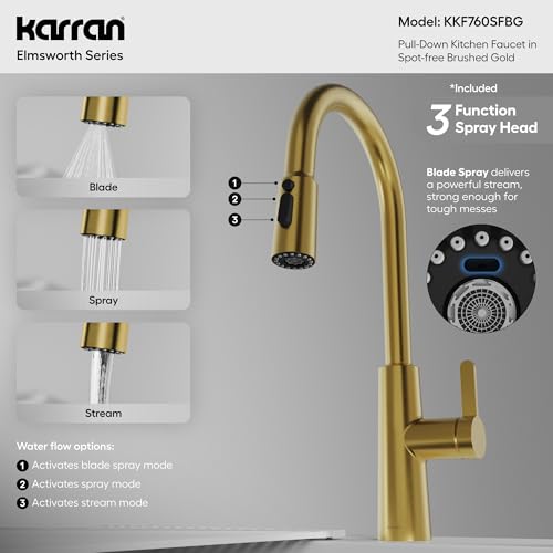 Karran Elmsworth Commercial Style Pull-Down Kitchen Faucet with Dual Interchangeable Spray Heads 5-Function Revolve MAX & 3-Function Revolve Mini Aerator High-Arc Spout (Spot Free Brushed Gold) - color: Spot Free Brushed Gold