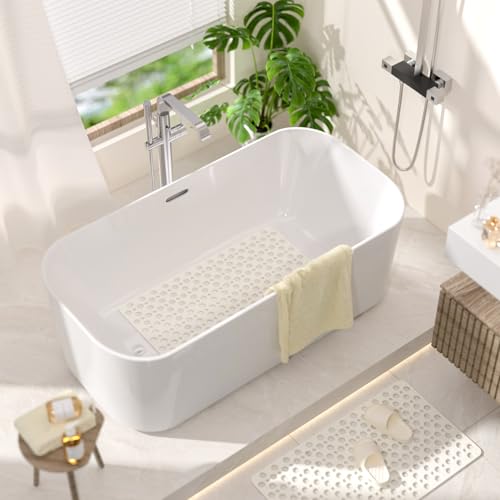 HITSLAM Bathtub Mat Non Slip, 28 x 15 Inch TPE Bath Mat for Tub, Efficient Drainage Bathroom Shower Mat with Suction Cups, Bath Tub Mat, Soft on Feet and Easy to Clean, White - color: White, size: 28" x 15" (Rectangular)