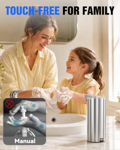 Fantictas Touchless Foaming Soap Dispenser, 11.5 oz Stainless Steel Pump | USB-C Rechargeable Automatic Sensor with 3 Adjustable Foam Levels, for Bathroom Counters, Kitchen Sinks, Homes and Offices - color: Stainless Steel, style: Foam