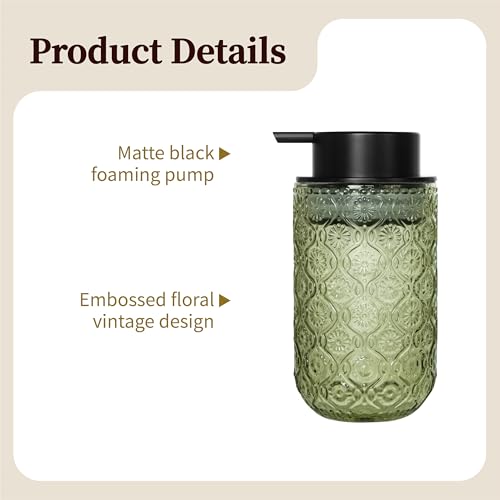 13.5 oz Glass Soap Dispenser, Luxurious Floral Embossed Glass Bathroom Countertop Foaming Pump for Kitchen Vanity (Green) - color: Green