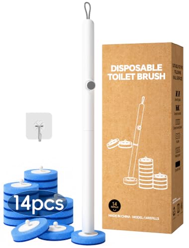 Disposable Toilet Brush Wand System, Toilet Bowl Cleaning Wand Kit with Disposable Refill Heads and Press Button Handle, for Daily Bathroom Cleaning 1 Wand and 14 Refill Heads