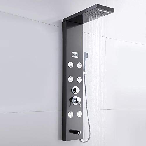 Black Shower Panel System Digital Display Shower Panel Tower Multifunction Stainless Steel Shower System with Rain Shower Head, Handheld Sprayer, Massage Body Jets, Tub Spout