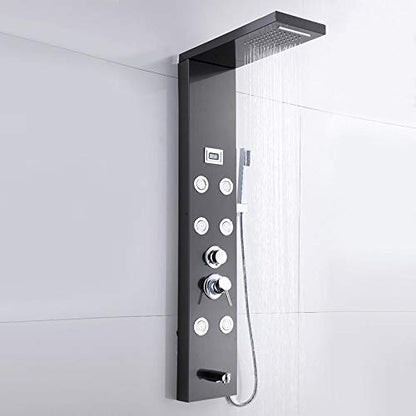 Black Shower Panel System Digital Display Shower Panel Tower Multifunction Stainless Steel Shower System with Rain Shower Head, Handheld Sprayer, Massage Body Jets, Tub Spout