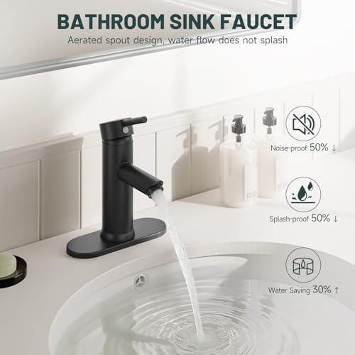 Bathroom Faucet for 1 or 3 Holes, Matte Black, Brass | Single Handle Bathroom Sink Faucets, Modern Commercial Lavatory Vanity Faucet, with Deck Plate and Supply Line, Pop Up Drain - color: Matte Black