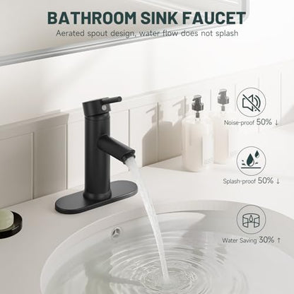 Bathroom Faucet for 1 or 3 Holes, Matte Black, Brass | Single Handle Bathroom Sink Faucets, Modern Commercial Lavatory Vanity Faucet, with Deck Plate and Supply Line, Pop Up Drain - color: Matte Black