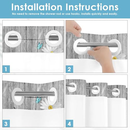 No Hook Shower Curtain with Snap in Liner 71x74 Inch Daisy Flower | Wooden Boards Gray Modern Double Layers Waterproof Fabric with See Through Top Window Open Grommet Bath Curtain - color: Daisy, size: 71"W x 74"L (Pack of 1)