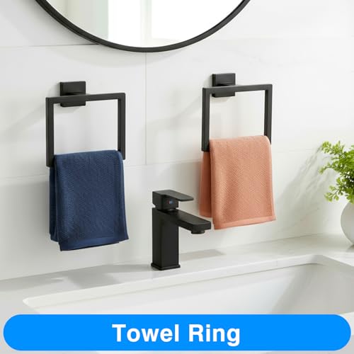 2 Pack Matte Black Towel Ring, Stainless Steel Hand Towel Holder, Modern Square Wall Mounted Bathroom Rack Hangers