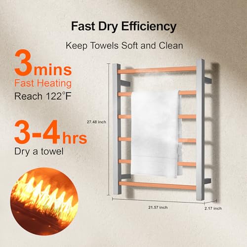 Electric Heated Towel Warmer - Wall Mounted Bathroom Towel Rack, Plug-in Design & Brushed Stainless Steel 6 Bar Brushed with Single Press - color: Square Brushed With Single Press, size: 6 Bar