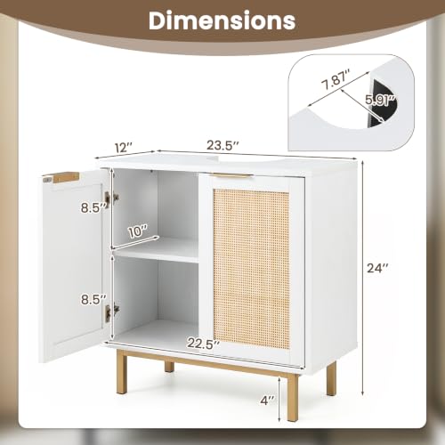 24-inch Pedestal Sink Storage Cabinet, Under Sink Cabinet (White) | U-Shaped Cut-Out | 2 Rattan Doors & Shelf | Solid Metal Legs - color: White