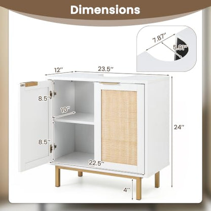 24-inch Pedestal Sink Storage Cabinet, Under Sink Cabinet (White) | U-Shaped Cut-Out | 2 Rattan Doors & Shelf | Solid Metal Legs - color: White