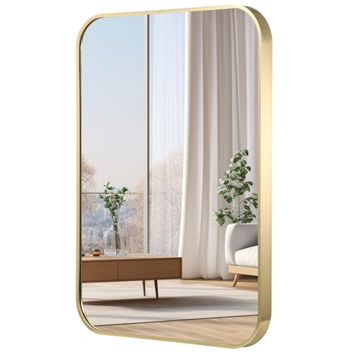 24x32 Inch Gold Bathroom Mirror, Brushed Brass Gold Metal Framed Rectangular Mirror with Rounded Corner, Bathroom Vanity Mirror for Bedroom or Living Room, Horizontal/Vertical - color: Gold(light), size: 24"L x 32"W