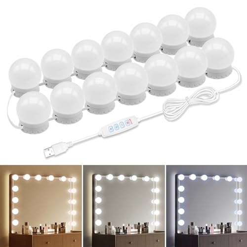 LED Vanity Mirror Lights with 14 Dimmable Bulbs, 3000K 4500K 6500K & 10 Brightness Levels Adjustable, Plug in USB Cable, Hollywood Style Stick On Mirror Lights for Makeup Desk Bathroom Dressing Room - size: 14 Bulbs